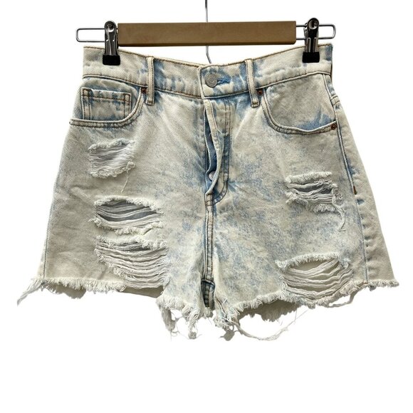 PacSun Women High Rise Icon Shorts Cutoff Raw Hem Distressed Denim 25 Light Wash - Picture 1 of 13